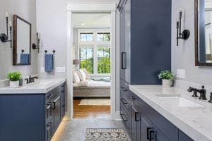 Bathroom with blue cabinets