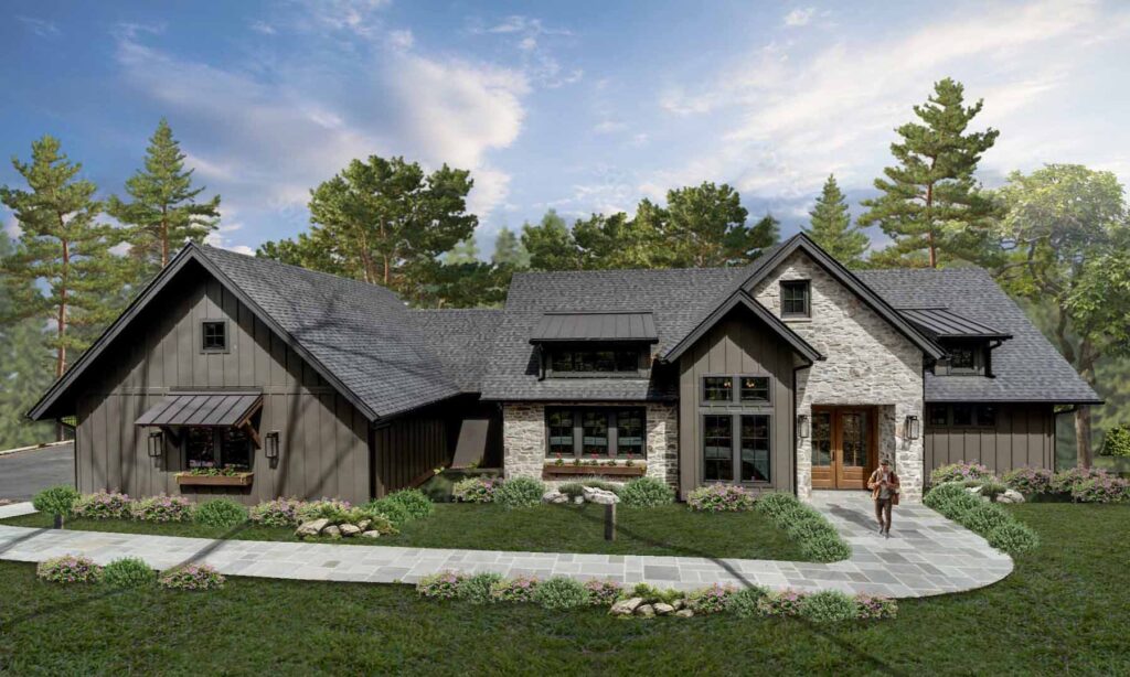 FrontofHomeBlackRoofWoodenSlatfeaturesSurroundedbyTrees