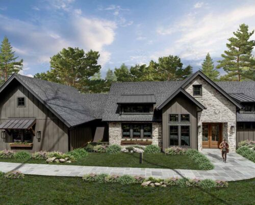 FrontofHomeBlackRoofWoodenSlatfeaturesSurroundedbyTrees